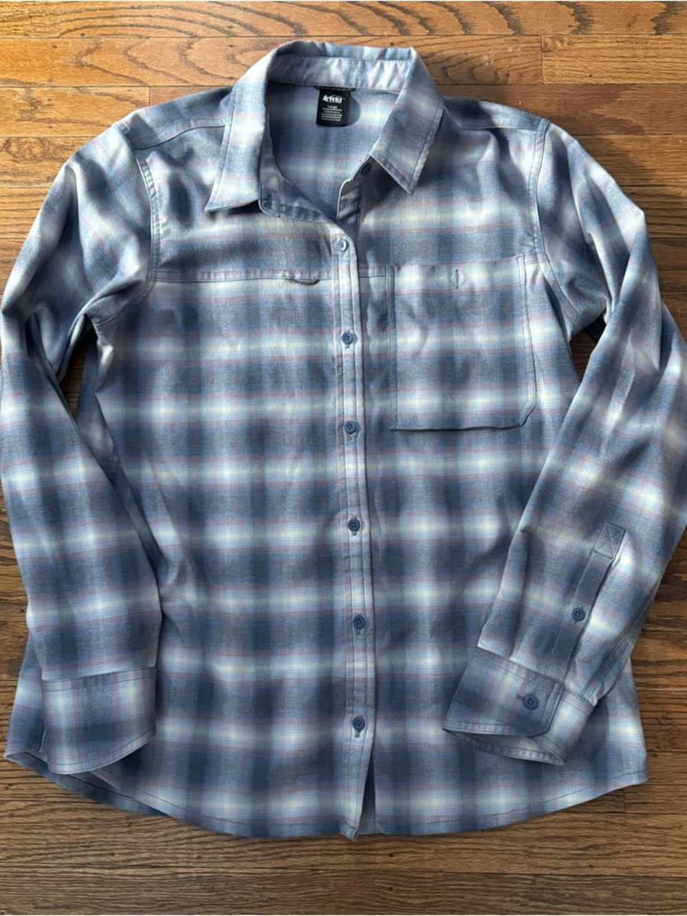REI Sahara Thermal Plaid Button-Down Shirt in River Plaid Blue Natural L EUC